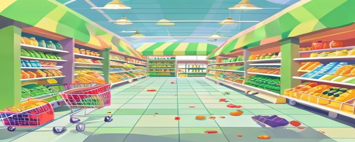 Clean the Supermarket Roblox store layout — the twelve numbered aisles from 1 Cans to 12 Beverages listed on the in-game store directory board